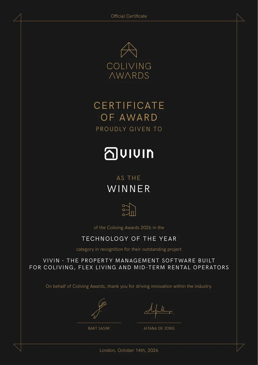 Official Coliving Awards 2026 certificate: Vivin, winner of Technology of the Year